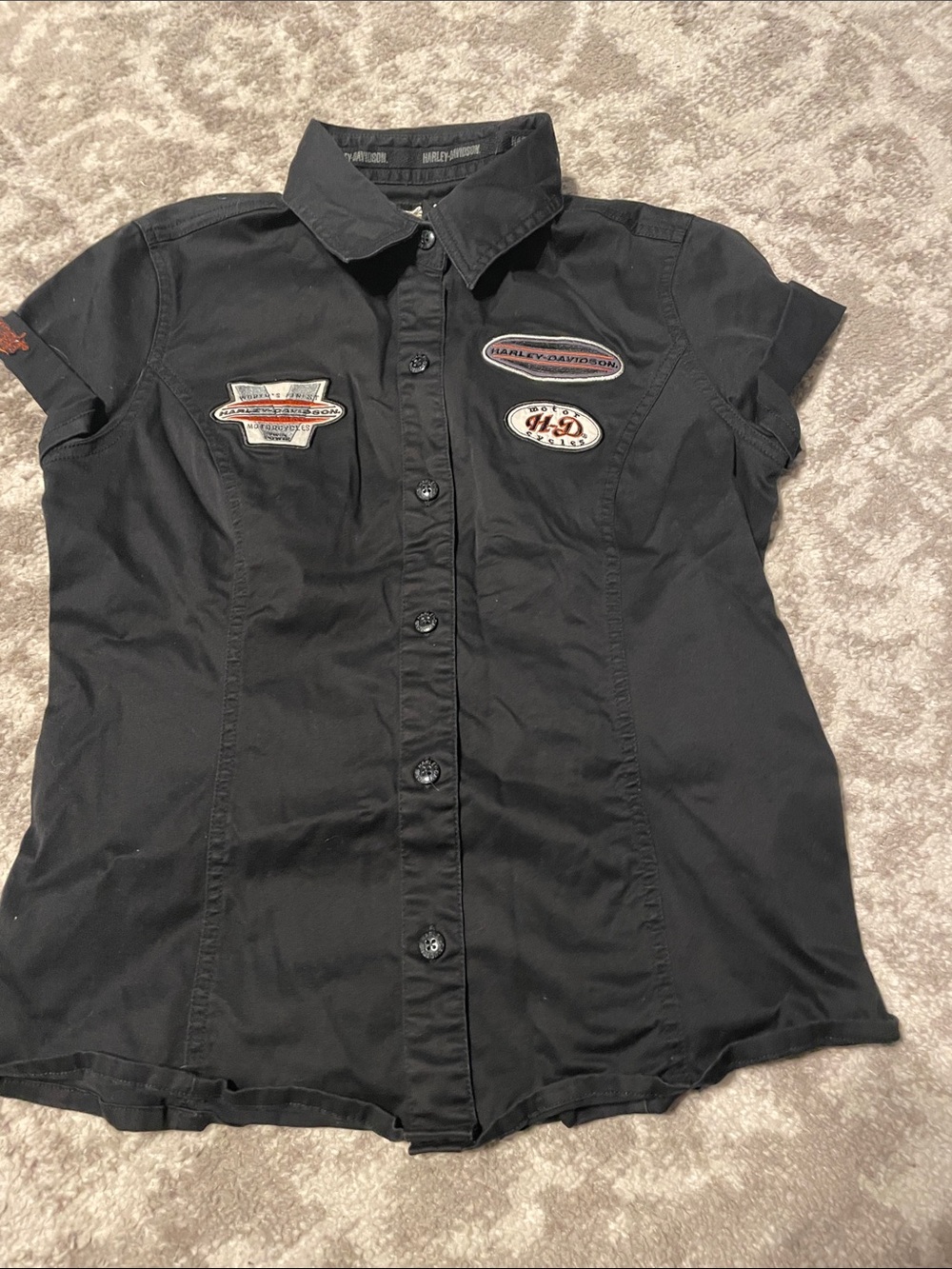 Harley-Davidson Black Short-Sleeve Button-Down Shirt with Embroidered Patches